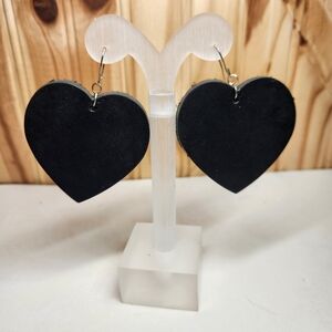 Black Leather Heart-Shaped Earrings 2" X 2"